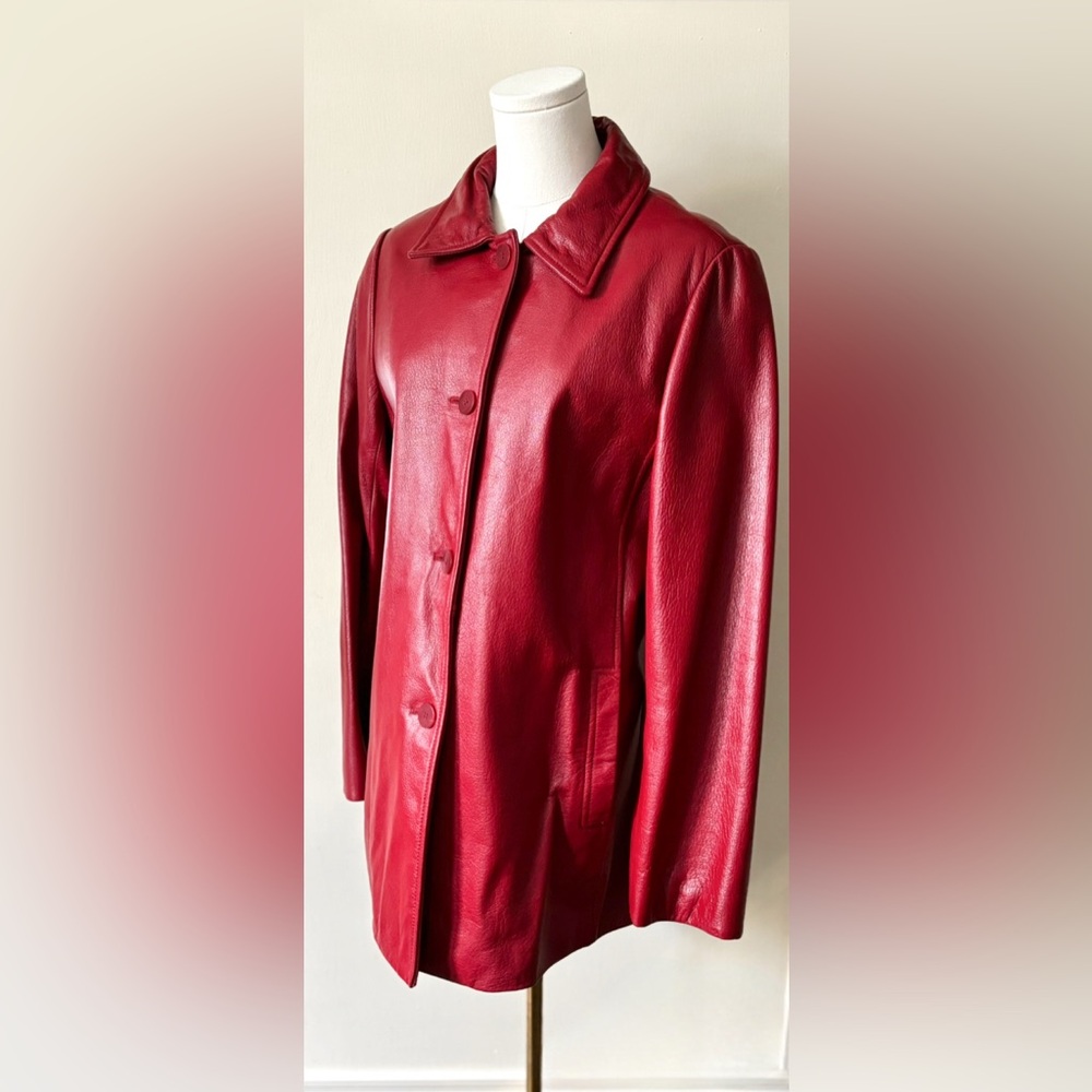 90s Vintage Cherry Red Leather Oversized Flattering Boxy Fit Button Front Jacket - Picture 4 of 16